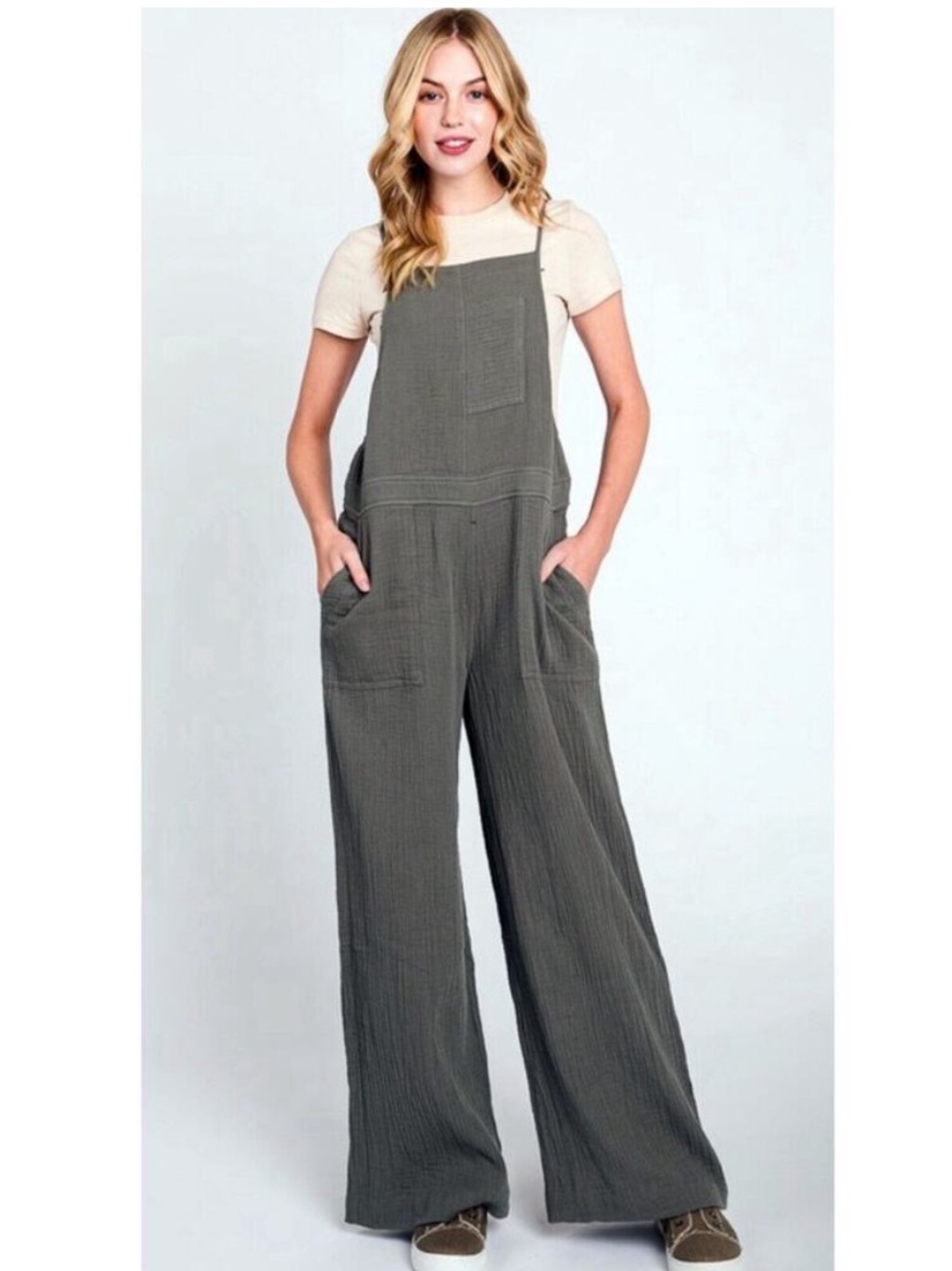 Elleborn Mineral Wash Jumpsuit Wide Leg Gauze Strappy Overalls Gray Sz M